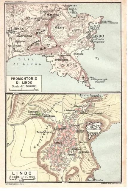 CARTA GEOGRAFICA ANTICA RODI COLONIA ITALIANA Scavi LINDO TCI 1929