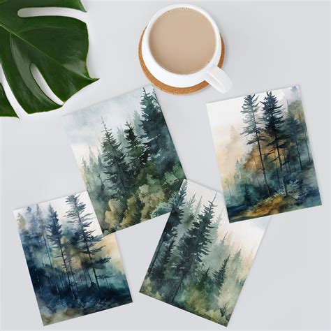 Pixonsign Adhesive Posters Green Teal Watercolor Forest Pine Trees