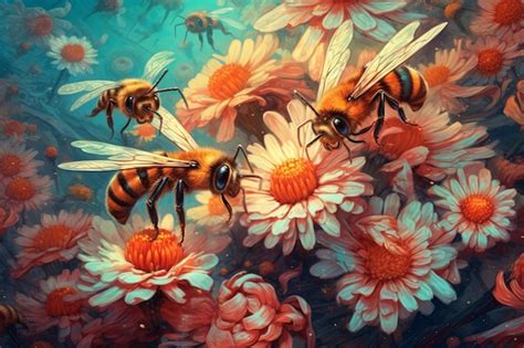 Premium Ai Image A Painting Of Bees On A Flower Field