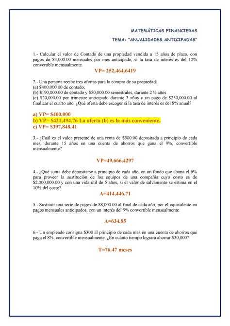 Ejercicios Resueltos De Anualidades Anticipadas Matem Ticas