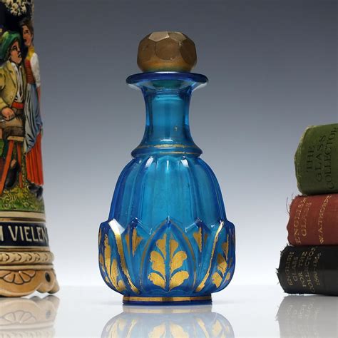 Antique Victorian French Gilded Blue Glas Perfume Bottle C 1860