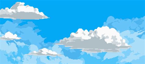 The Sky Is Filled With White Clouds And Blue Skies In Pixel Art Style