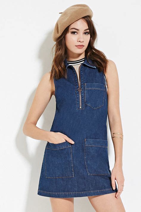 A Sleeveless Denim Dress Featuring A Basic Collar Front Patch Pockets