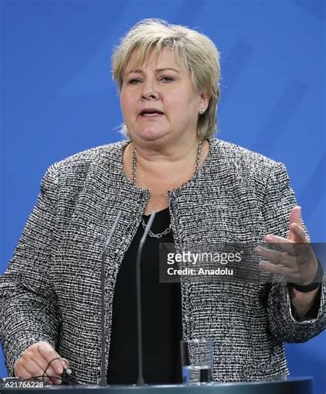 Prime Minister of Norway, Erna Solberg delivers a speech regarding ...