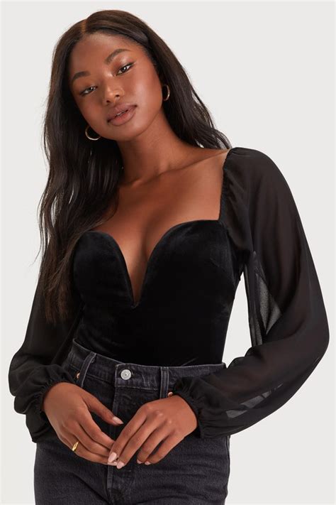 Black Bodysuit Black Velvet Bodysuit Sheer Sleeves Bodysuit Lulus