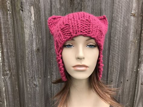 Chunky Knit Hat Cat Ears Pussy Cat Hat Pink Pussyhat Pink Etsy