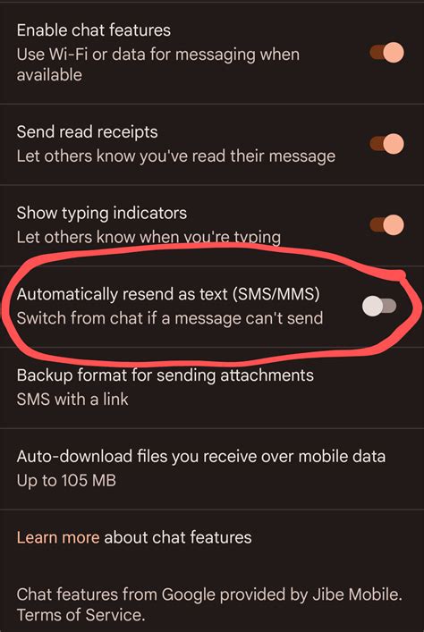 The option to fallback to SMS if an RCS message can't be delivered is