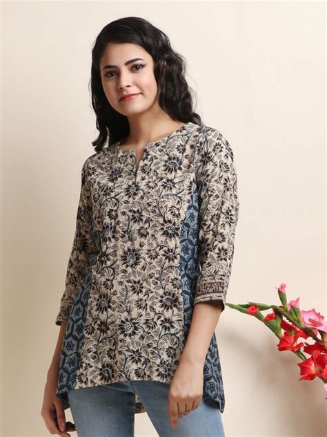 Buy Trinjann Floral Printed Thread Work Pure Cotton A Line Kurti