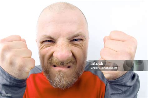 Bearded Man With Clenched Fists Close Up On White Background Stock