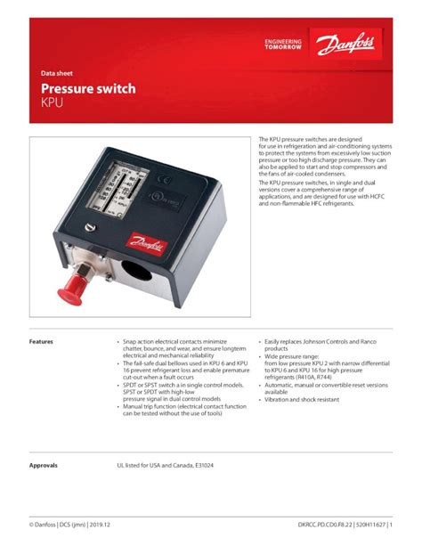 PDF Data Sheet Pressure Switch KPU Danfoss Data Sheet Pressure