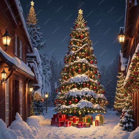 Premium AI Image | A snowy street with a christmas tree and a sign that ...