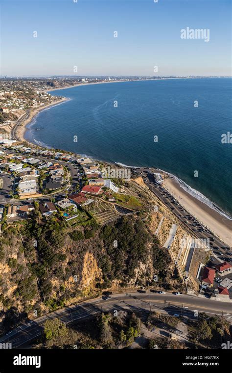 Aerial Of Pacific Palisades Neighborhoods And Pacific Coast Highway In Los Angeles California