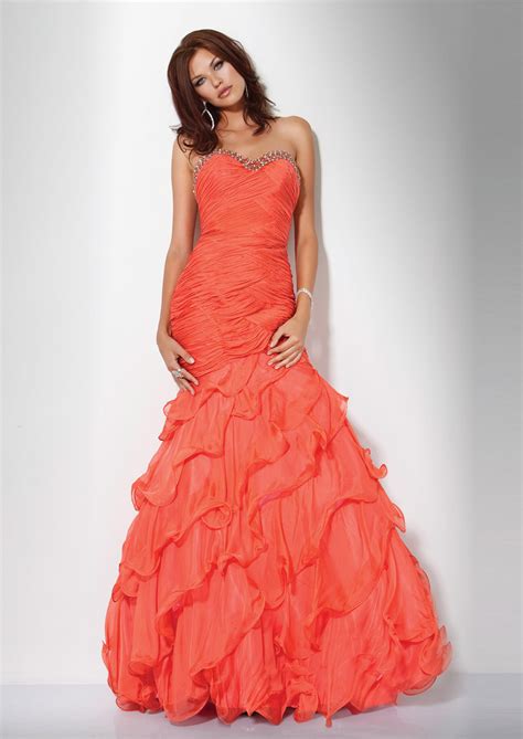 Orange Mermaid Sweetheart Full Length Zipper Prom Dresses With Ruches