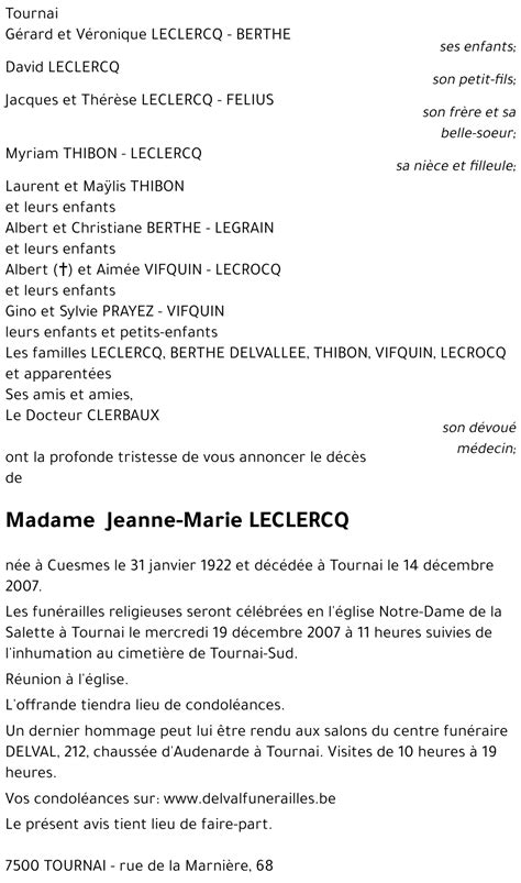 Avis De D C S De Jeanne Marie Leclercq D C D Le Tournai