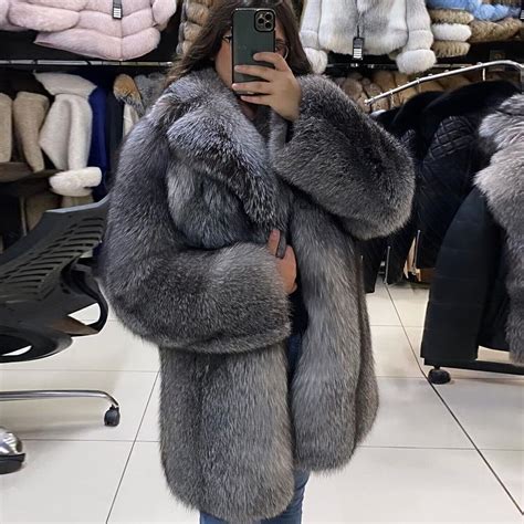 Women Luxury Real Full Pelt Silver Fox Fur Coat Natural Notched Lapel