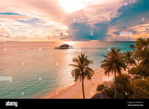 Aerial Sunrise Sunset Beach Bay View Colorful Sky And Clouds Wooden