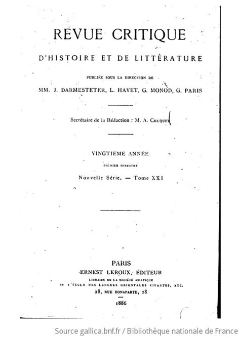 Revue Critique D Histoire Et De Litt Rature Publi E Sous La Direction