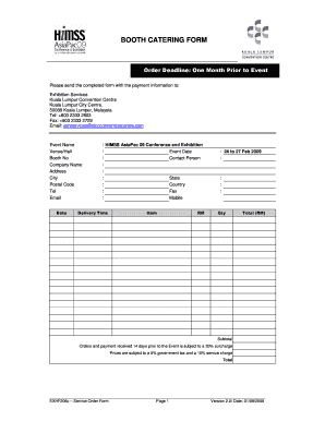 Fillable Online Vendor Himss BOOTH CATERING FORM HIMSS Vendor Center