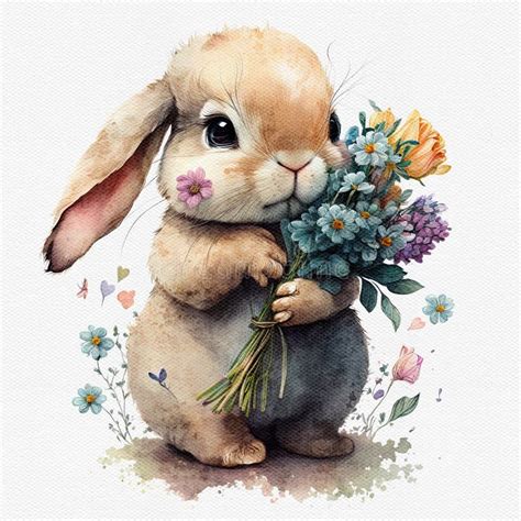 Watercolor Cute Bunny Hold Flower. Delicate Spring Illustration ...