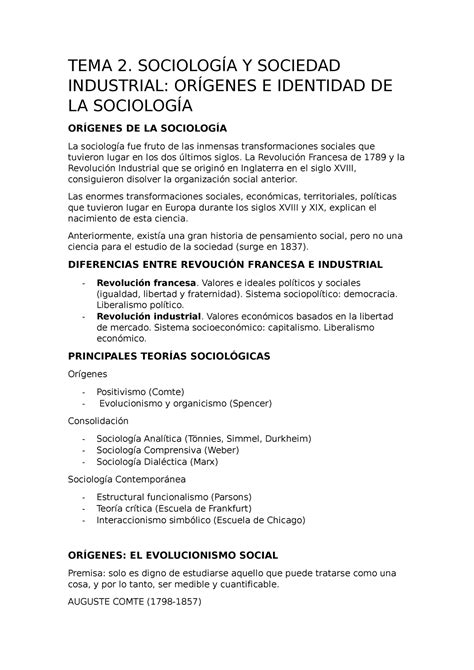 Tema 2 Sociología Y Sociedad Industrial Orígenes E Identidad De La