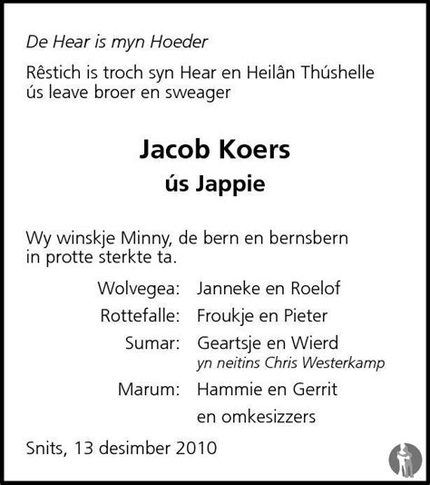 Jacob Jaap Koers 13 12 2010 Overlijdensbericht En Condoleances