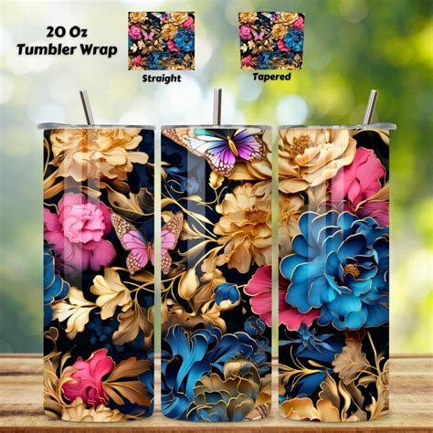 Flowers Tumbler Wrap Alcohol Ink Butterflies Golden Png 3d Tumbler