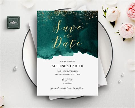 Emerald Green Save The Date Template Modern Green And Gold Wedding