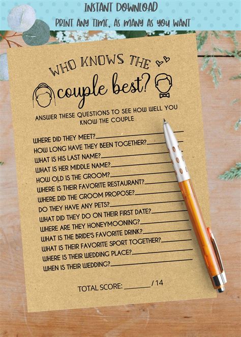 Who Knows The Couple Best Bridal Shower Game Printable Download Bride And Groom Party Fun