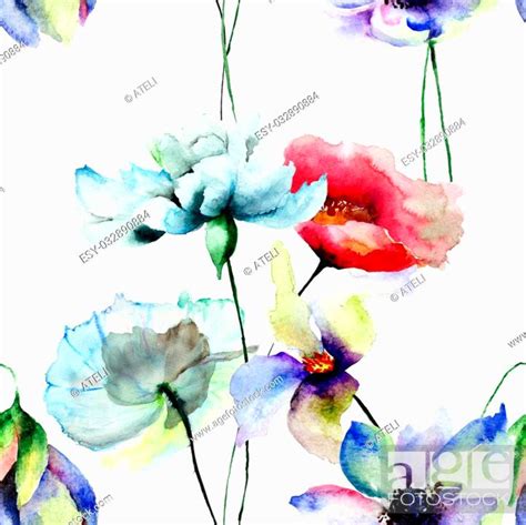 Seamless wallpaper with wild flowers, watercolor illustration, Stock Photo, Picture And Low ...