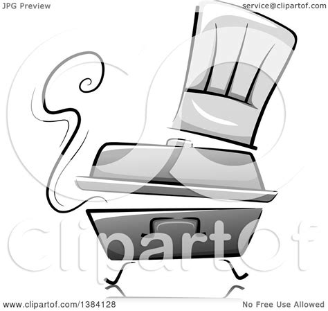 Clipart Of A Grayscale Steaming Chafing Dish With A Toque Chef Hat