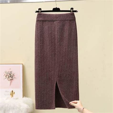 Buy Autumn Winter Knit Pencil Skirt Women High Waist Elastic Skirts