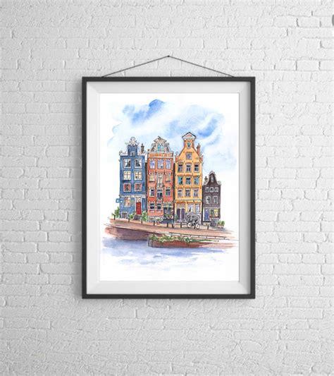 Amsterdam Watercolor Painting Canal Houses Illustration | Etsy