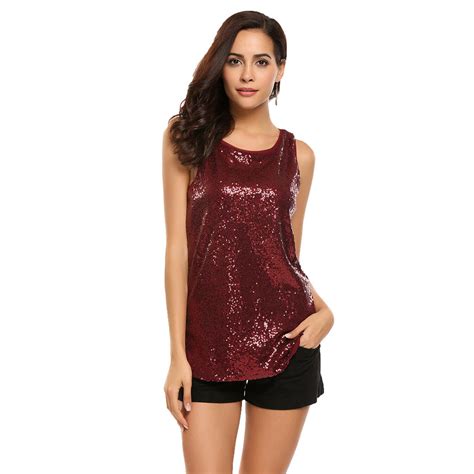 Glitter Sequins Women Tank Fashion Shimmer Flashy Embellished O Neck Sleeveless Vest Tank Tops