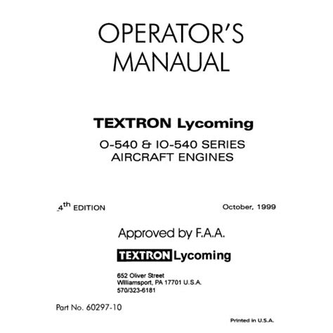 Lycoming O-540 and IO-540 Series 60297-10 Aircraft Engines Operators Manual