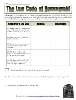 Hammurabi S Code Analysis Worksheet By Students Of History TPT