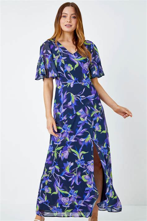 Floral Print Chiffon Maxi Dress In Navy Roman Originals Uk