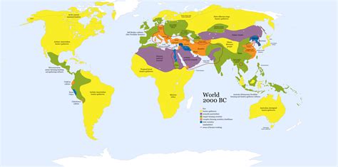 Overview map of the world in the mid 2000 BC, color-coded by cultural ...