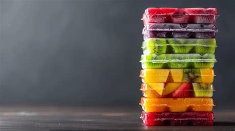 Stack Of Frozen Fruit In Plastic Containers On Dark Wooden Surface