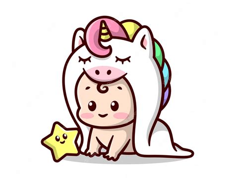 Lindo Bebé En Disfraz De Unicornio Blanco Con Una Ilustración De Dibujos Animados De Estrella