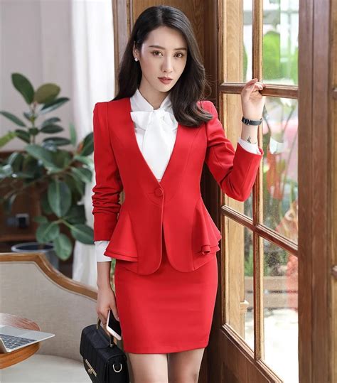 New 2018 Fashion Red Blazer Women Business Suits With Skirt And Jacket Sets Office Ladies Work