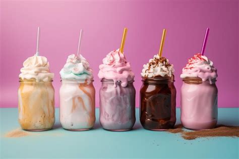 Premium Ai Image A Row Of Milkshakes With Different Flavors Including