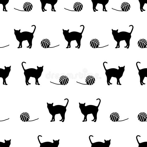 Vector Black Cats And Ball Of Wool Seamless Pattern Stock Vector