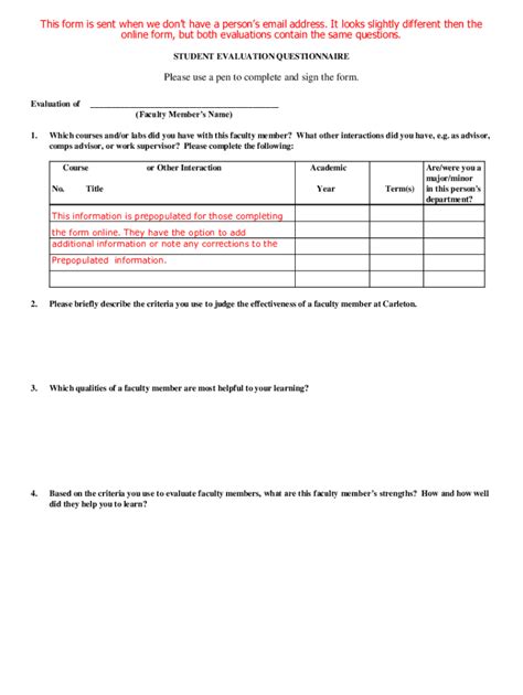 Fillable Online STUDENT EVALUATION QUESTIONNAIRE FOR TENURE REVIEW Fax