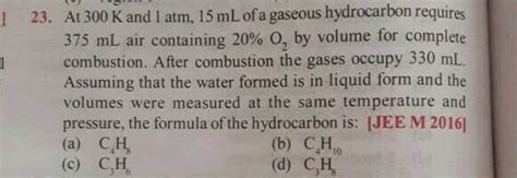 So At K And I Atm Ml Of A Gaseous Hydrocarbon