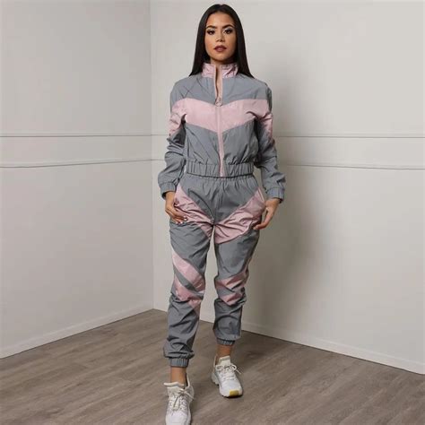 Autumn Winter 2 Piece Set Reflective Tracksuits Women Zip Crop Top Pants Windbreaker Fashion