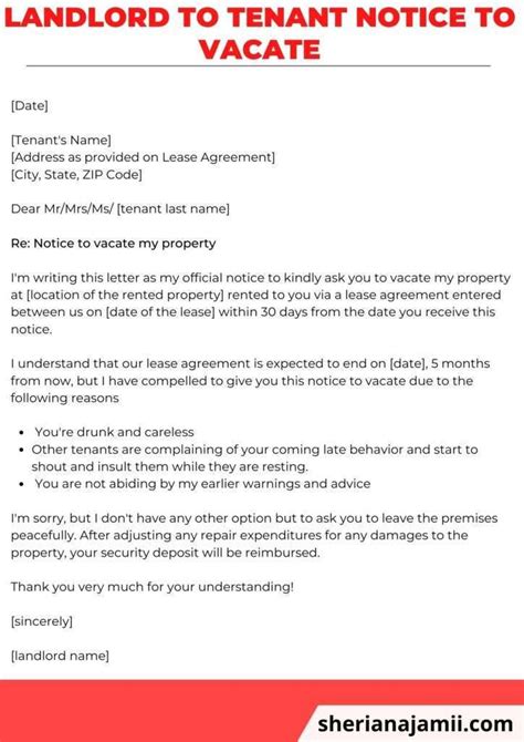 Sample Letter From Landlord To Tenant Notice To Vacate