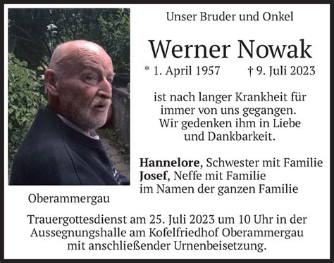 Traueranzeigen Von Werner Nowak Trauer Merkur De