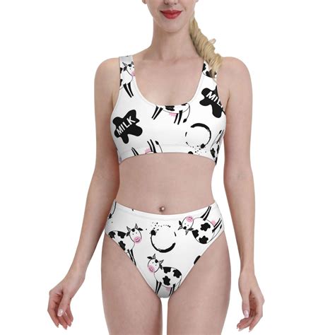 Lukts Women High Waisted Bikini Set Cute Cow And Milk Stains Swimsuit 2