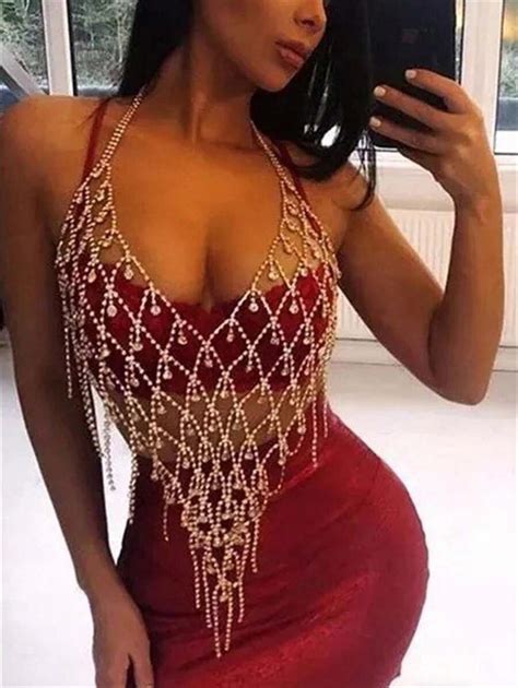 1pc Sexy Rhinestone Multi Layer Tassel Chest Chain For Women S Bikini