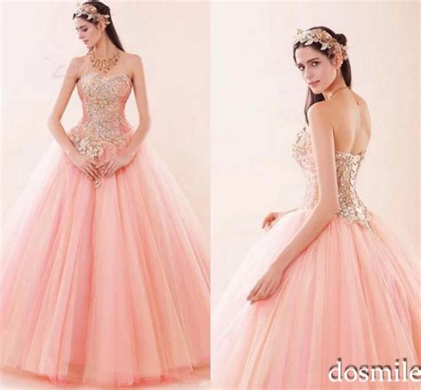 2017 Sexy Princess Luxury Appliques Pink Tulle Sweet Strapless Ball